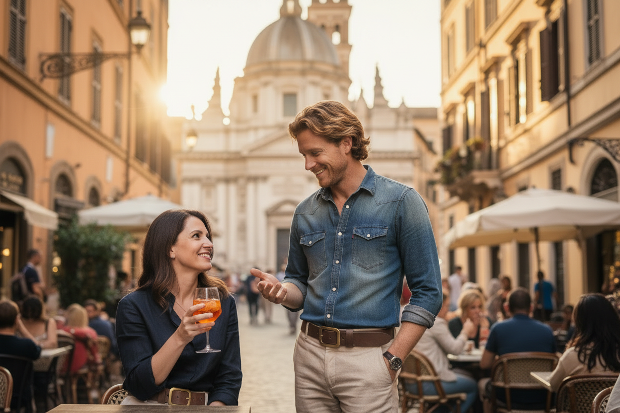 Coppia con cinture Shaba all'aperitivo a Trastevere con la Basilica di Santa Cecilia sullo sfondo